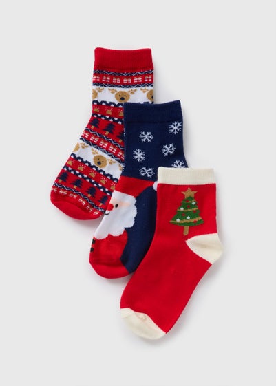 3 Pack Kids Red Christmas Socks (Younger 6-Older 6.5)