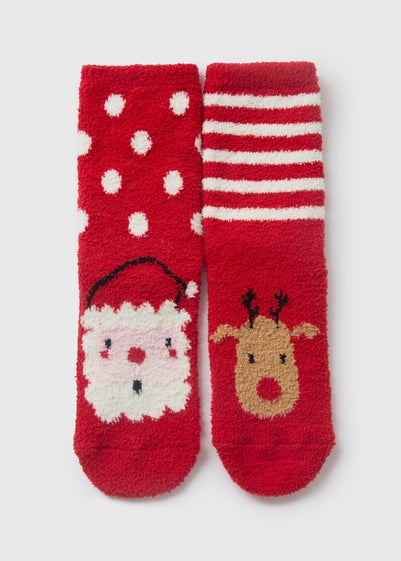 2 Pack Boys Red Christmas Fluffy Socks (Younger 6-Older 6.5)