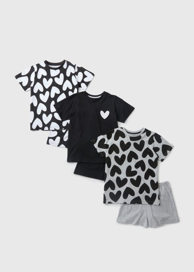 3 Pack Girls Monochrome Heart Top & Shorts Pyjama Set (7-13yrs)