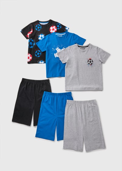 3 Pack Boys Multicolour Football Pyjama Sets (7-13yrs)