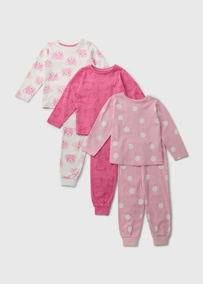 3 Pack Girls Pink Teddy Top & Bottom Pyjama Set (1-7yrs)