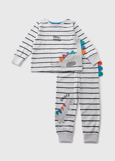 Boys White Dinosaur Stripe Pyjama Set (1-7yrs)