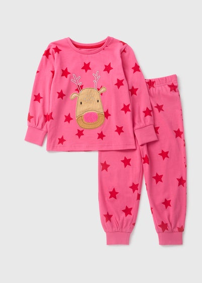 Girls Pink Reindeer Star Top & Bottom Pyjama Set (1-7yrs)