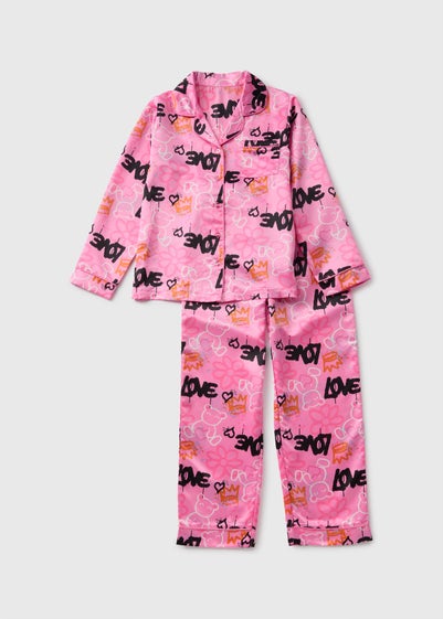 Girls Pink Graffiti Satin Pyjama Set (4-12yrs)