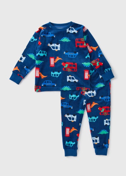 Boys Navy Transport Velour Pyjama Set (1-7yrs)