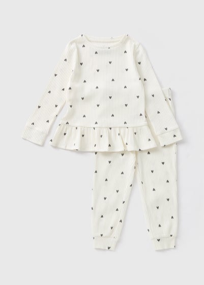 Girls Cream Heart Ribbed Pyjama Set (1-7yrs)