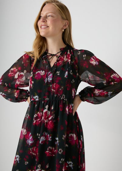 Black Floral Chiffon Midi Dress