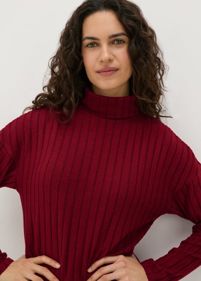 Burgundy Ribbed Roll Neck Midi Dress