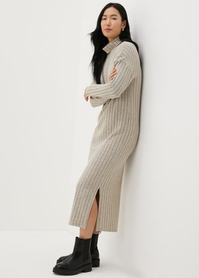 Cream Ribbed Roll Neck Midi Dress