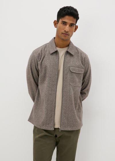 Brown Herringbone Zip Up Shacket