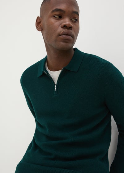 Green Ribbed Long Sleeve Polo Shirt