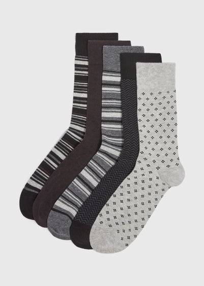 5 Pack Mono Black Patterned Socks