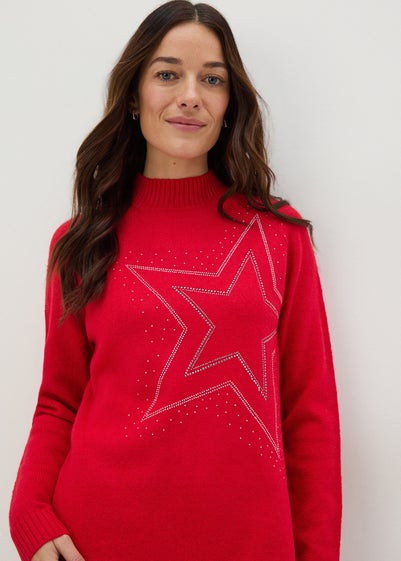 Red Star Embellished Knitted Longline Jumper