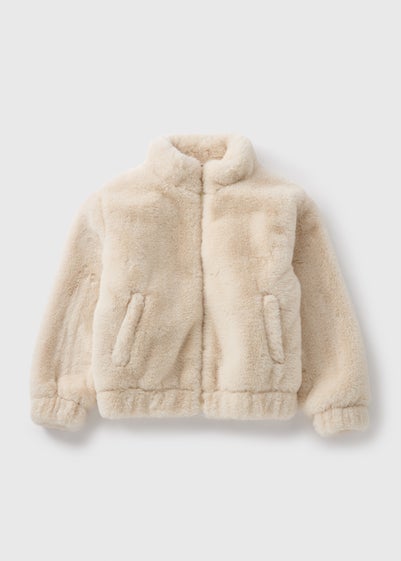 Girls Cream Faux Fur Bomber Jacket (7-15yrs)