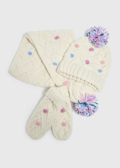 Girls Cream Pom Hat Set (3-13yrs)