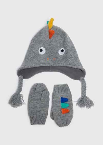 Kids Grey Dino Trapper Hat & Mittens Set (3-10yrs)