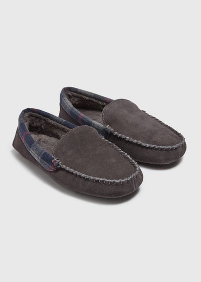 Charcoal Check Suede Moccasin Slippers