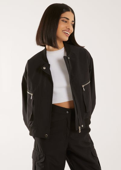 Pink Vanilla Black Double Pocket Classic Bomber Jacket