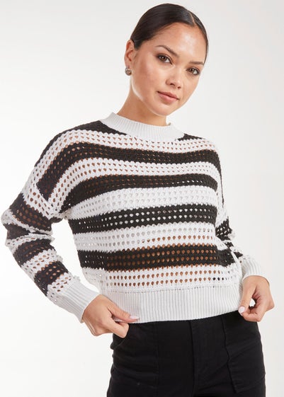 Pink Vanilla Black Striped Crochet Long Sleeve Top