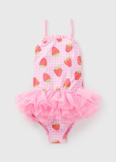 Girls Pink Gingham Strawberry Tutu Swimsuit (1-7yrs) - Age 5 - 6 Years