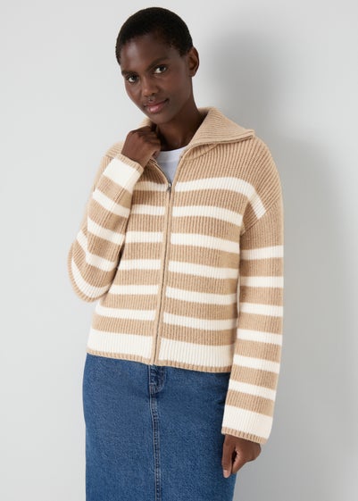 Beige Stripe Zip Knitted Cardigan