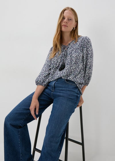 Navy Floral Boho Blouse