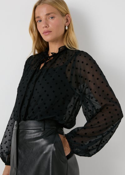 Black Dobby Spot Tie Neck Blouse