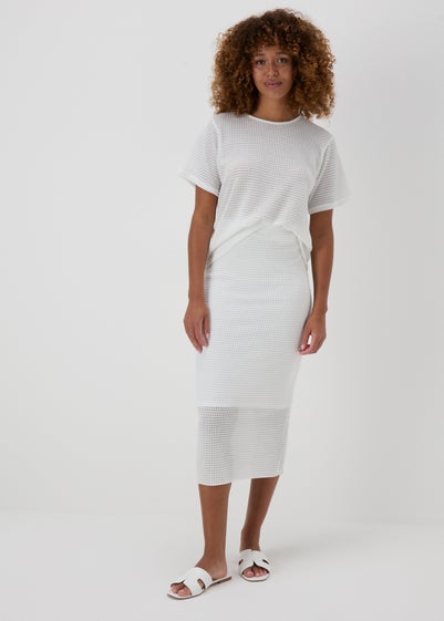 White Textured Ribbed Knit Skirt