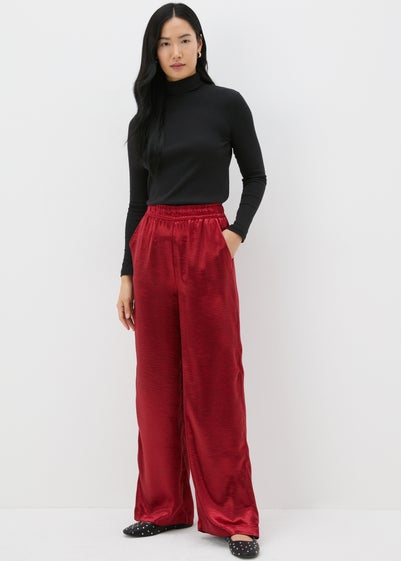 Red Textured Satin Wide Leg Trousers