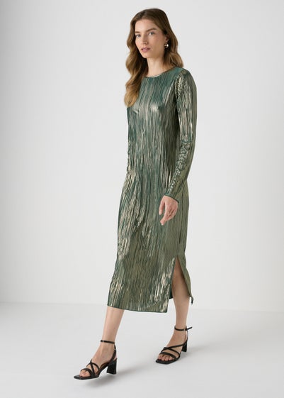 Green Metallic Plisse Midi Dress