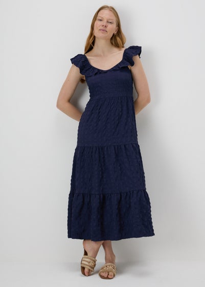 Navy Tiered Textured Midaxi Dress