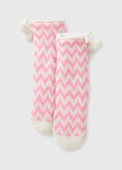 Girls Pink Zig Zag Chunky Slipper Socks (Younger 6-Older 5.5)