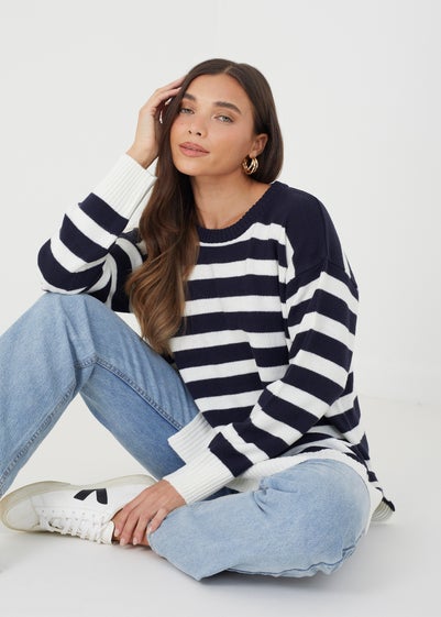 Brave Soul Navy Greyson Fine Stripe Oversized Knitted Jumper