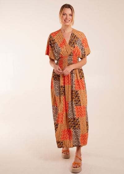 Blue Vanilla Orange Abstract Pattern V Neck Midi Dress