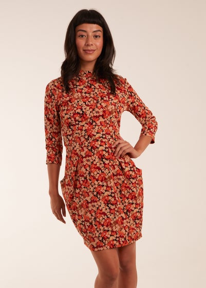 Blue Vanilla Rust High Neck 3/4 Sleeve Dress With Belt