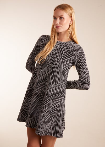 Blue Vanilla Silver Stripe Glittery Long Sleeve Shift Mini Dress