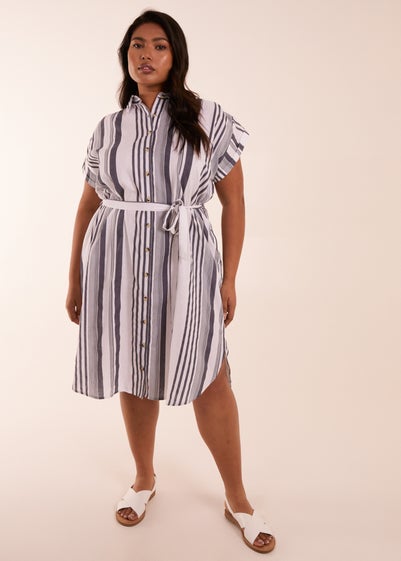 Blue Vanilla Curve  White  Stripe Button Front Shirt Dress