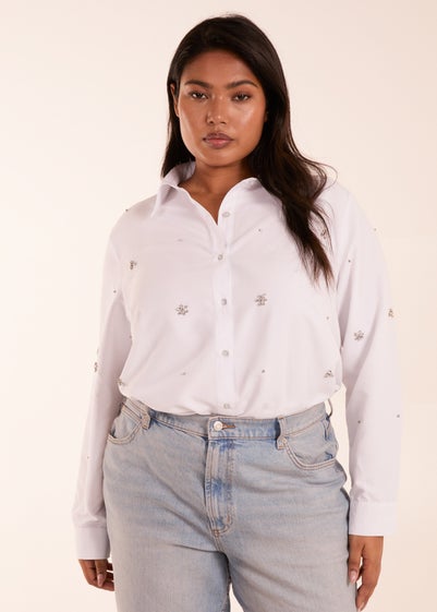 Blue Vanilla White Curve Embellished Longline Shirt