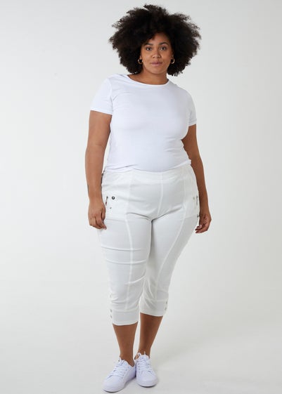 Blue Vanilla Curve  White  Elasticated Waist Zip Detail Crop Trousers