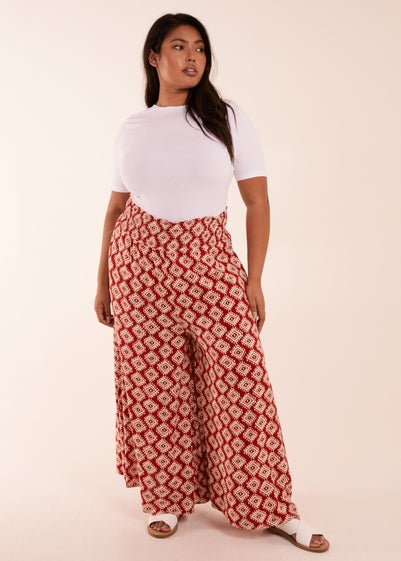 Blue Vanilla Red Curve Shirred Wide Leg Aztec Trouser