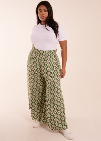 Blue Vanilla Khaki Curve Shirred Wide Leg Aztec Trouser