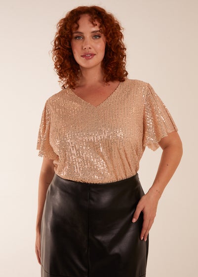 Blue Vanilla Gold Curve Angel Sleeve V-Neck Sequin Top