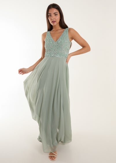 Blue Vanilla Green Embellished V-Neck Maxi Dress