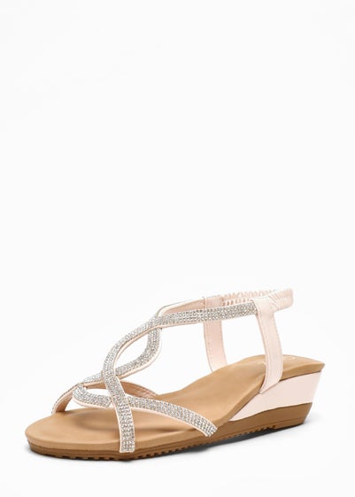 Quiz Pink Embellished T-Strap Low Wedges