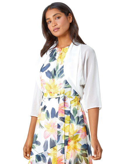 Roman Ivory 3/4 Sleeve Ruched Hem Chiffon Bolero