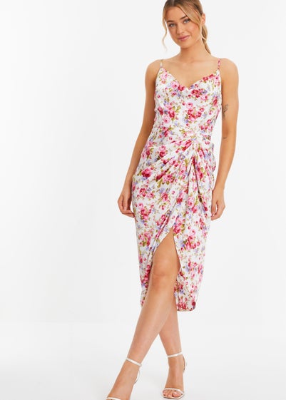 Quiz Cream Floral Satin Ruched Midi Dress