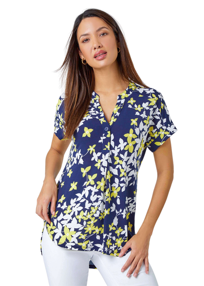 Roman Yellow Floral Puff Print V-Neck Pleat Front Top