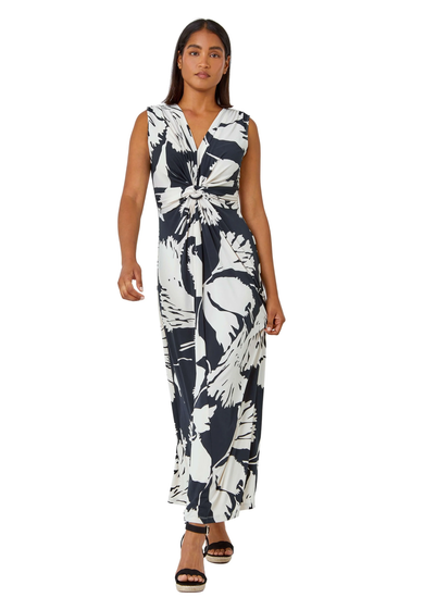 Roman Black Sleeveless Floral Print Maxi Stretch Dress