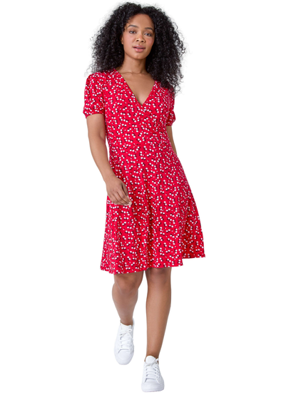 Roman Red Petite Ditsy Wrap Stretch Dress