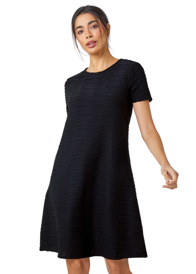 Roman Black Textured A-Line Skater Stretch Dress